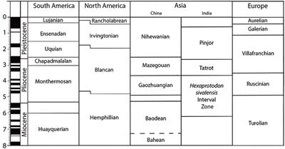 Mammal Biochronology (Land Mammal Ages) Around the World From Late Miocene to Middle Pleistocene and Major Events in Horse Evolutionary History